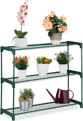 Produktbild von Relaxdays Pflanzenregal, 3 Ablagen, Metall-Kunststoff, Grün, 74,5 x 91 x 28,5 cm, erweiterbar, Stecksystem, für Pflanzen & Deko
