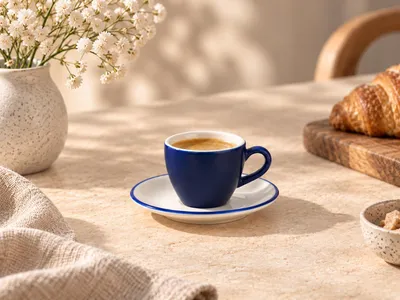 Zdjęcie produktu dla Bonna Lavis Blue - Zestaw filiżanek do espresso i podstawkowych - 80 ml - Porcelana - Zestaw 6 sztuk
