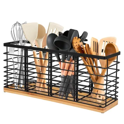 Produktbild von Küchenutensilienhalter, Edelstahl mit Fächer Behälter, Küchenutensilien Aufbewahrung,15.7*4.3*7in,mit abnehmbarer Ablage,für Messer,Löffel Kochzubehör