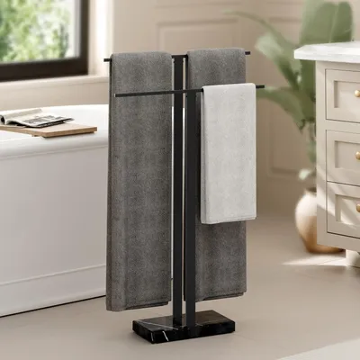 Immagine prodotto di Portasciugamani doppio, da terra, in acciaio inossidabile con base in marmo, 84 cm, colore nero