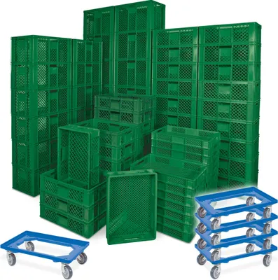 Produktbild von 78 Stück Stapelkörbe/Bäckerkästen in 5 Größen, Grundmaß LxB 600 x 400 mm, H 90 mm, 150 mm, 240 mm, 320 mm, 410 mm, Farbe grün + 5x Transportroller, blau