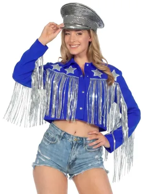 Produktbild von Blaue Rodeojacke mit Silberfransen für Frauen Größe: L-XL