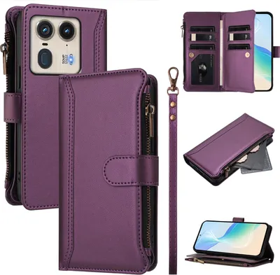 Image de Étui pour Motorola Moto Edge 50 Ultra, étui à fermeture éclair en cuirPolyuréthaneavec pochettes pour cartes, support et boucle pour les mains Violet