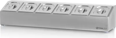 A stainless steel food warmer with six compartments.