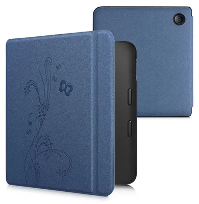 Produktbild von kwmobile Schutzhülle für Kobo Libra 2 Hülle - eReader Flip Case mit Auto Sleep Funktion - Ranken Schmetterling mit Dunkelblau