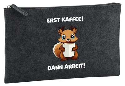 Produktbild von Huuraa Kulturbeutel Erst Kaffee dann Arbeit Eichhörnchen 1 Liter Charcoal Filz Kosmetiktasche Geschenkidee
