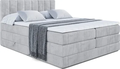 Produktbild von ALTDECOR Boxspringbett mit 2 Matratzen und Topper - 200x200 cm - OTTA KING - Hellgrau Samt - Polsterbett mit, H3- und H4- Matratzen, Bettkasten und Lattenrost, Bett mit Stauraum