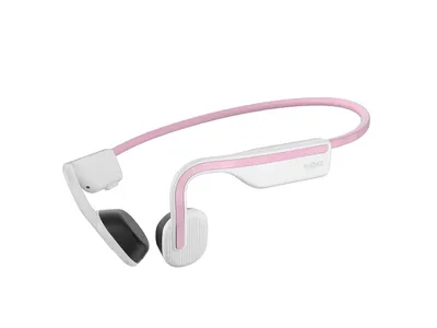 A pair of white and pink bone conduction headphones against a white background.