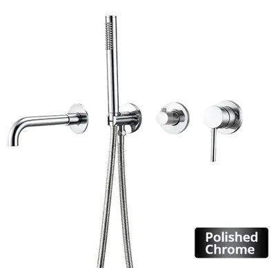 Produktbild von Unterputz Duscharmatur Set - Wandmontierter Mischer mit 2-Wege Umsteller - Messing - 150 cm Brauseschlauch - Stange 26 cm - Poliertes Chrom