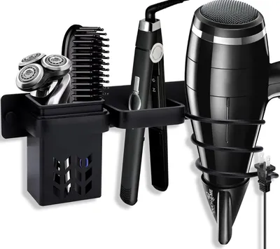 Produktbild von Haartrocknerhalter, Fönhalter Ohne Bohren, Haartrocknerhalter mit Kabelhalter, Multifunktional Fönhalter, Badorganizer Multifunktional für Hotel Baderzimmer Wohnzimmer Barbershop