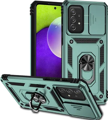 Image de Étui pour Samsung Galaxy A53 5G étui double couche avec couvercle coulissant pour appareil photo et anneau de support vert