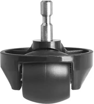 A close-up studio shot of a black replacement wheel with a silver metal shaft.