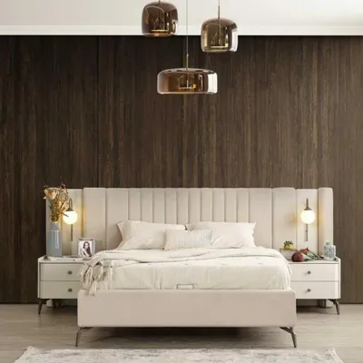 Produktbild von Moderne Schlafzimmer Möbel Designer Schlafbett Holz 2x Nachttische 4tlg