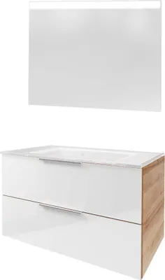 Produktbild von Fackelmann B. BRILLANT Badmöbel Set 3-teilig 100 cm, Weiß Glas/Braun hell, Glas Weiß + LED-Spiegel