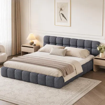 Produktbild von INONEFT Bubble-Bett 140x200cm,Polsterbett , Doppelbett mit gepolstertem Kopfteil, Jugendbettrahmen mit Lattenrost, Flachbett, Gästebett, Leinen,Grau