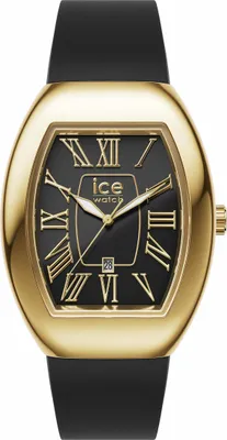 A studio shot of a gold and black Ice-Watch with a black strap.