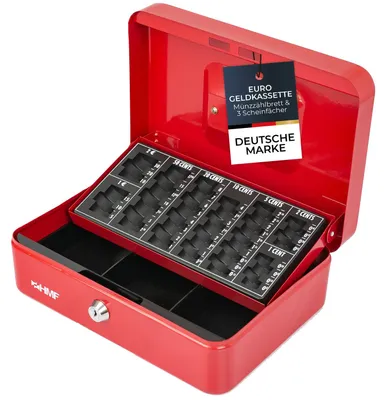 Geldkassette mit einem Euro-Münzzählbrett von HMF mit 25 cm Breite in Rot