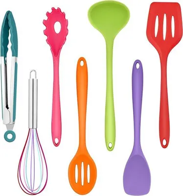 Immagine prodotto di Set di utensili da cucina in silicone, 7 pezzi, resistente al calore, antiaderente, colorato