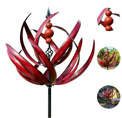 Produktbild von Garten Windrad Metall 90cm Lotus Design, 360° Kugellager Windspiel wetterfest, stabile Gartendeko für Garten Terrasse Outdoor Dekoration, Rot
