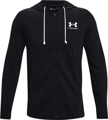 A black Under Armour zip-up hoodie is shown flat against a white background.