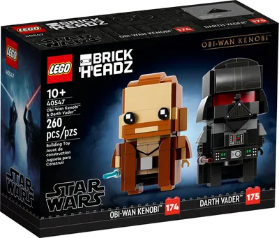 The image shows the LEGO BrickHeadz packaging for the Obi-Wan Kenobi and Darth Vader set.