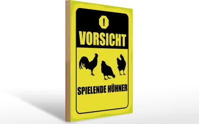 Produktbild von Holzschild Vorsicht spielende Hühner gelb, 40 x 30 cm, Holzschilder Spruch Hühner Tier  Ei
