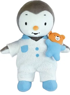 A plush toy of a penguin character holding a small teddy bear.