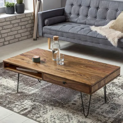 Produktbild von FineBuy Couchtisch Sheesham Massivholz 110 cm · Industrial Wohnzimmertisch rechteckig Hairpin Beine, 2 Schubladen & Ablagefächern · Handgefertigt