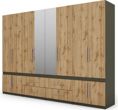 Produktbild von Meblast | Kleiderschrank 320x230 cm mit 2 Spiegeln - Graphit Grau/Eiche Wotan - Garderobe mit Regalen, Schubladen und Kleiderstange | Moderner Kontrast