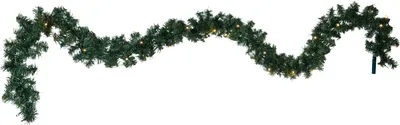 A green artificial Christmas garland with warm white LED lights, draped in a wavy shape against a white background.
