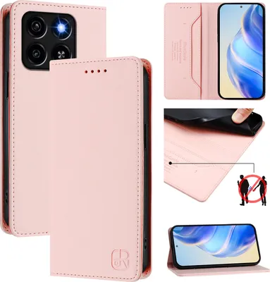 Collage of images showing a pink flip wallet phone case for a ZTE Blade A35/A55, with close-ups of the phone, card slots, and a stand feature.