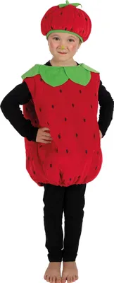 Kind im roten Erdbeer-Kostüm „Sweet Strawberry“ mit grünem Kragen und passender Mütze, Frontansicht.
