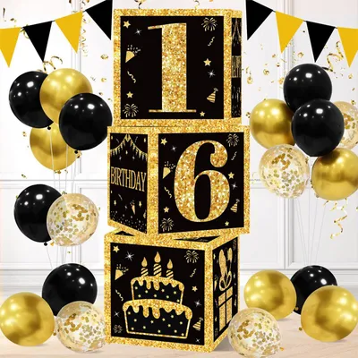 16. Geburtstagsdeko – 3 Boxen Schwarz/Gold, Tischdeko