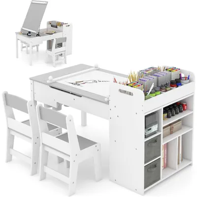 Immagine prodotto di Tavolo per bambini con 2 sedie, in legno, con piano ribaltabile, 2 contenitori in tessuto, rotolo di carta, spazio contenitivo, colore grigio