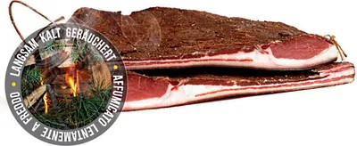 Obrázok produktu pre Sarntaler Mezet Speck, výrobca L. Moser, približne 250 gramov.