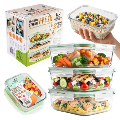 Zdjęcie produktu dla 3x Szklane pojemniki ze szkła borokrzemowego LUNCHBOX 1,5 L hermetyczne do przechowywania żywności, lodówki, mikrofali, piekarnika, zamrażarki