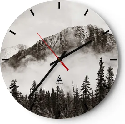 Produktbild von Wanduhr - Rund - Glasuhr - Nebel Berg Wald - 30x30cm - Schleichendes Uhrwerk - Lautlos - zum Aufhängen bereit - Dekoration Modern - Wanddekoration aus Glas - C3AR30x30-4936