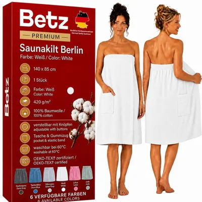 Produktbild von Betz Saunakilt Berlin – Frottee Saunakilt für Damen - 100% Baumwolle, 420 g/m² – verstellbar mit Knöpfen & Gummizug – Saunahandtuch mit Tasche - weiß