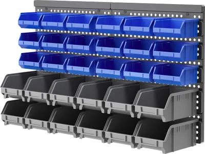 Produktbild von Schüttenregal, Werkstattmagazin, 30 Boxen in 2 Größen, stapelbar, 63x18x37,5cm, Blau