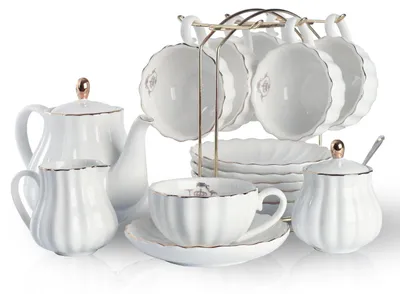 Obrázok produktu pre Sada porcelánového čaju s objemom 225 ml, pozostávajúca z šálok, podšálok, konvičky, cukornice a mliečnika