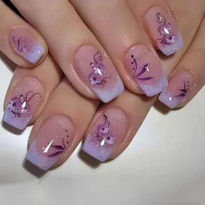Produktbild von Press on Nails Lila Quadratisch Französisches Design Blumen 24 Stück