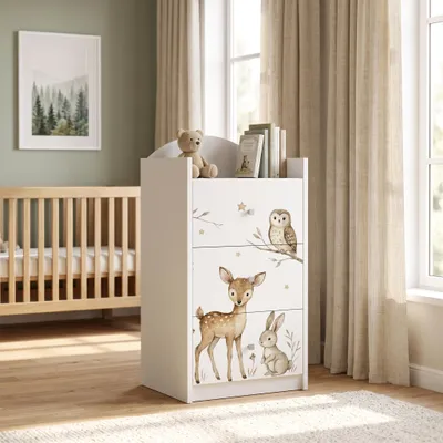 Produktbild von Kinderkommode Weiß mit 3 Schubladen, Schubladenkommode mit schönem Aufdruck, Wäschekommode Kinderzimmer Babyzimmer Unisex