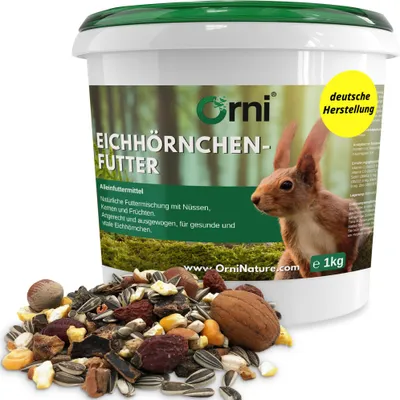 Produktbild von Orni Eichhörnchen Futter 1kg | Ganzjahresfutter Nüsse- Saaten Mischung mit Schale | Eichhörnchenfutter ideal für Futterstelle und Futterhaus