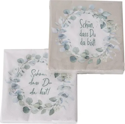 Produktbild von 2 x 20 Servietten 'Eukalyptus - Schön, dass Du da bist!' weiß, hellbraun, grün