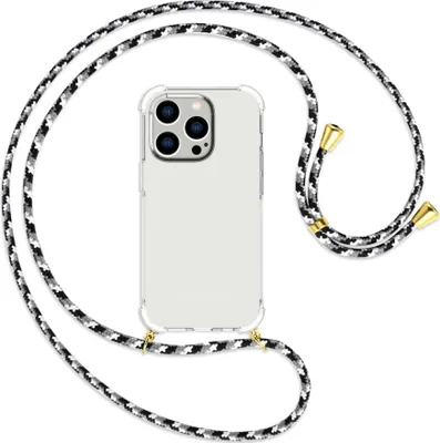Produktbild von Handykette Backcover-Schutzhülle mit Band (Metall goldfarben) für Apple iPhone 14 Pro (6.1'') - schwarz/grau/weiß