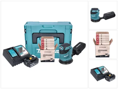 Produktbild von Makita DBO 180 RF1J Akku Exzenterschleifer 18 V 125 mm + 1x Akku 3,0 Ah + Ladegerät + Toolbrothers TURTLE Schleifset + Makpac