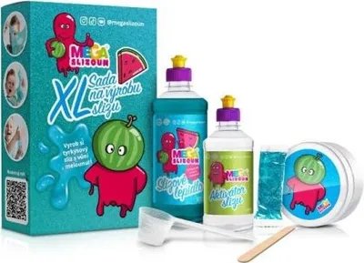 A slime making kit with bottles, a container, and a measuring scoop, presented on a white background.
