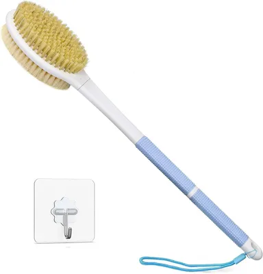 Image de Brosse pour le dos à utiliser sous la douche, brosse de bain à long manche (44 cm), brosse de douche pour le dos, brosse pour le corps à poils naturels à utiliser sous la douche, brosse pour le dos et le corps à utiliser sur peau sèche ou humide.