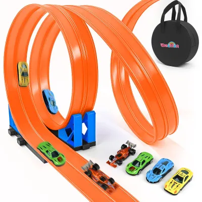 Productafbeelding van Flexibele autoracebaan voor kinderen - 5 meter met 4 auto’s, 2 hellingen en opbergtas