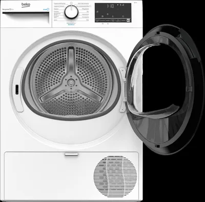 Front view of a white washing machine with the door open.